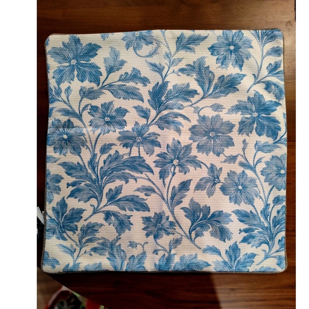 Maco Design Blue Floral Plaid Reversible Pillow Cover 17x17 Made in Poland NWT